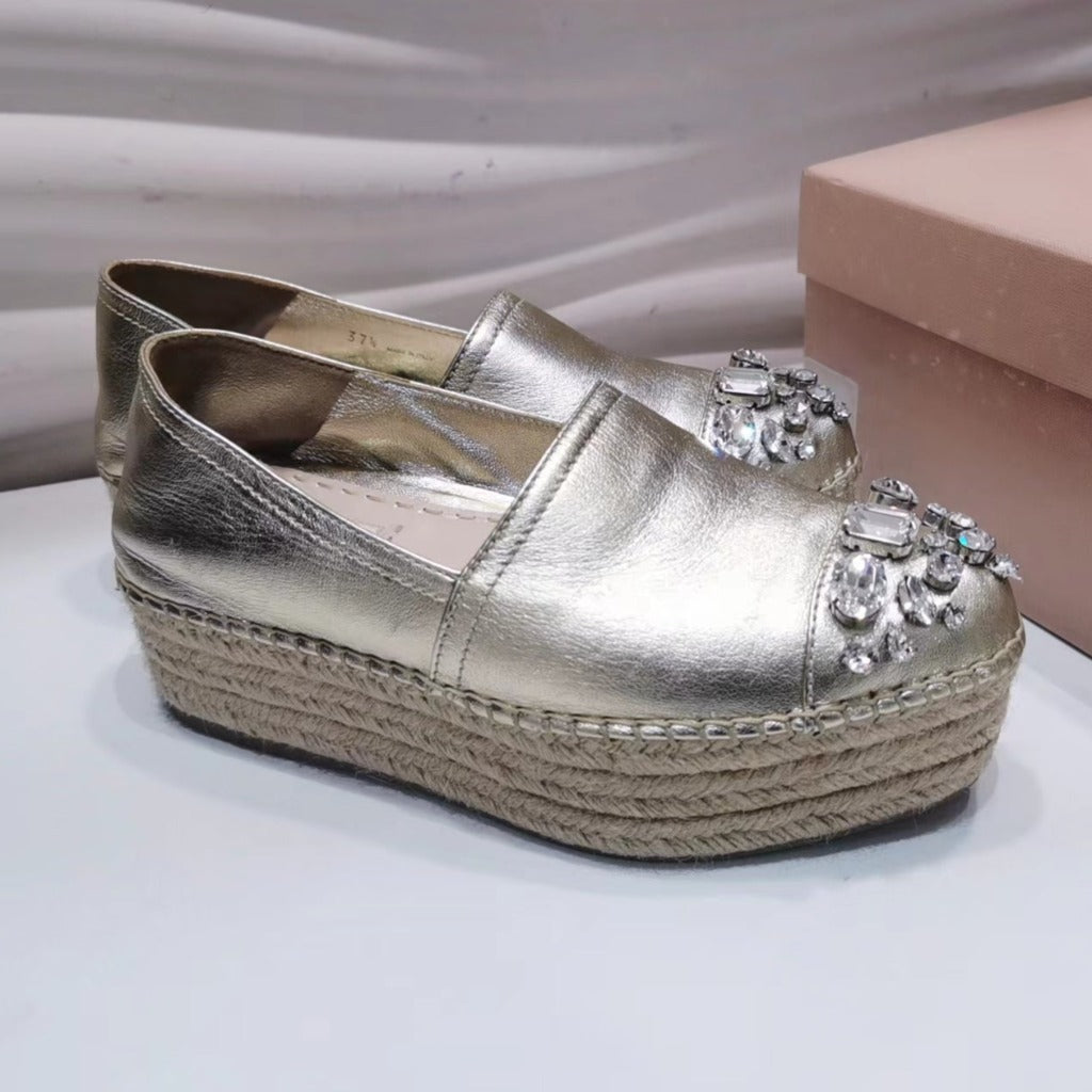 Miu Miu Metallic Gold Leather Crystal Embellished Platform Espadrille Size 38 - luxhub.ca