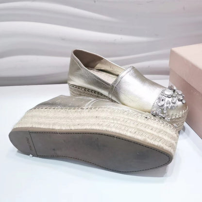 Miu Miu Metallic Gold Leather Crystal Embellished Platform Espadrille Size 38 - luxhub.ca