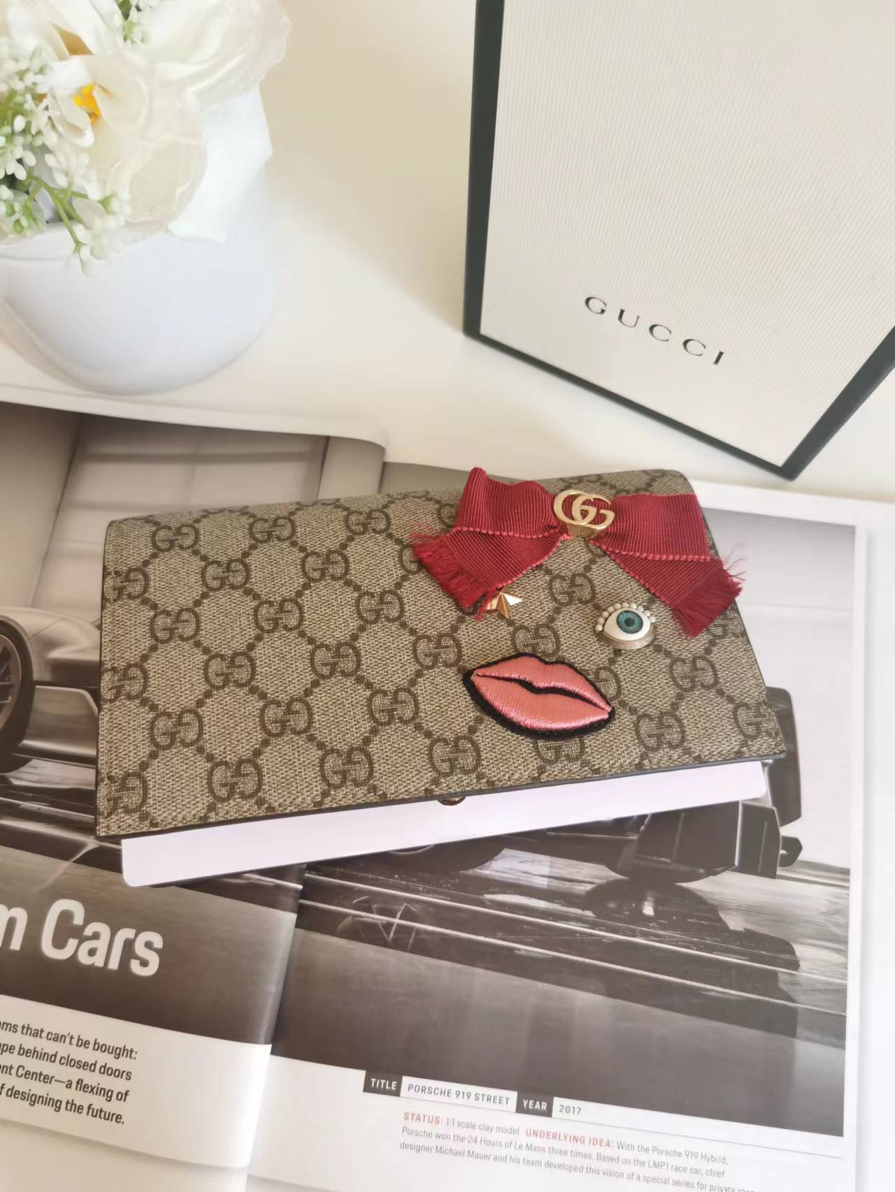 GUCCI GG Supreme Monogram Face Embroidered Chain Wallet Pink - luxhub.ca