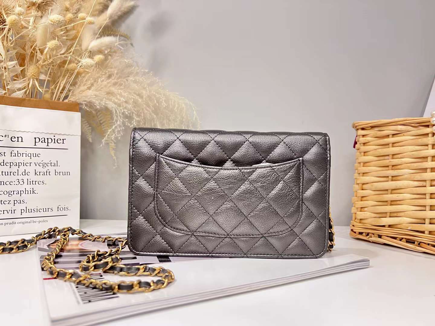 CHANEL Metallic Calfskin Quilted Reissue Wallet On Chain WOC Charcoal - luxhub.ca
