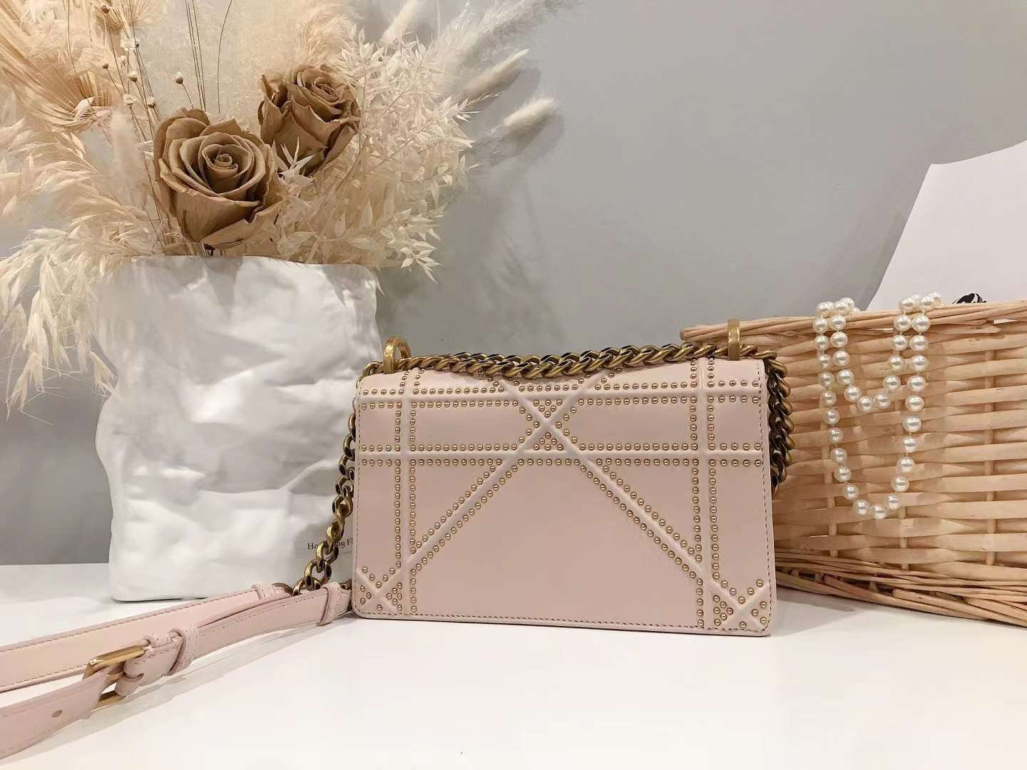 Dior Pink Leather Mini Studded Diorama Chain Shoulder Bag - luxhub.ca