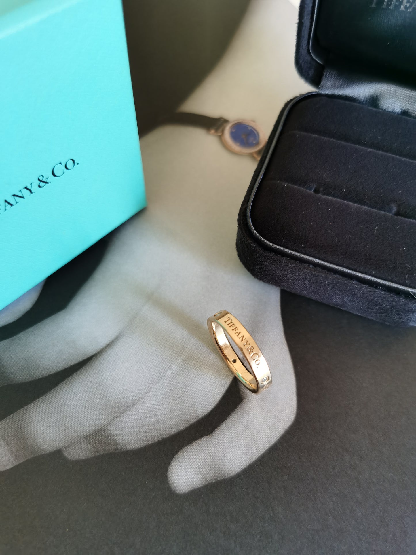 Tiffany logo 3diamond ring size9.5 18K rose gold 4MM